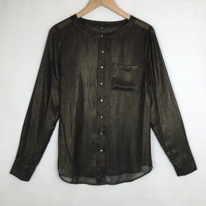 Ann Taylor Blouse Button Down Top Black & Gold Sheer Shimmer Women’s Sz 4 Witchy